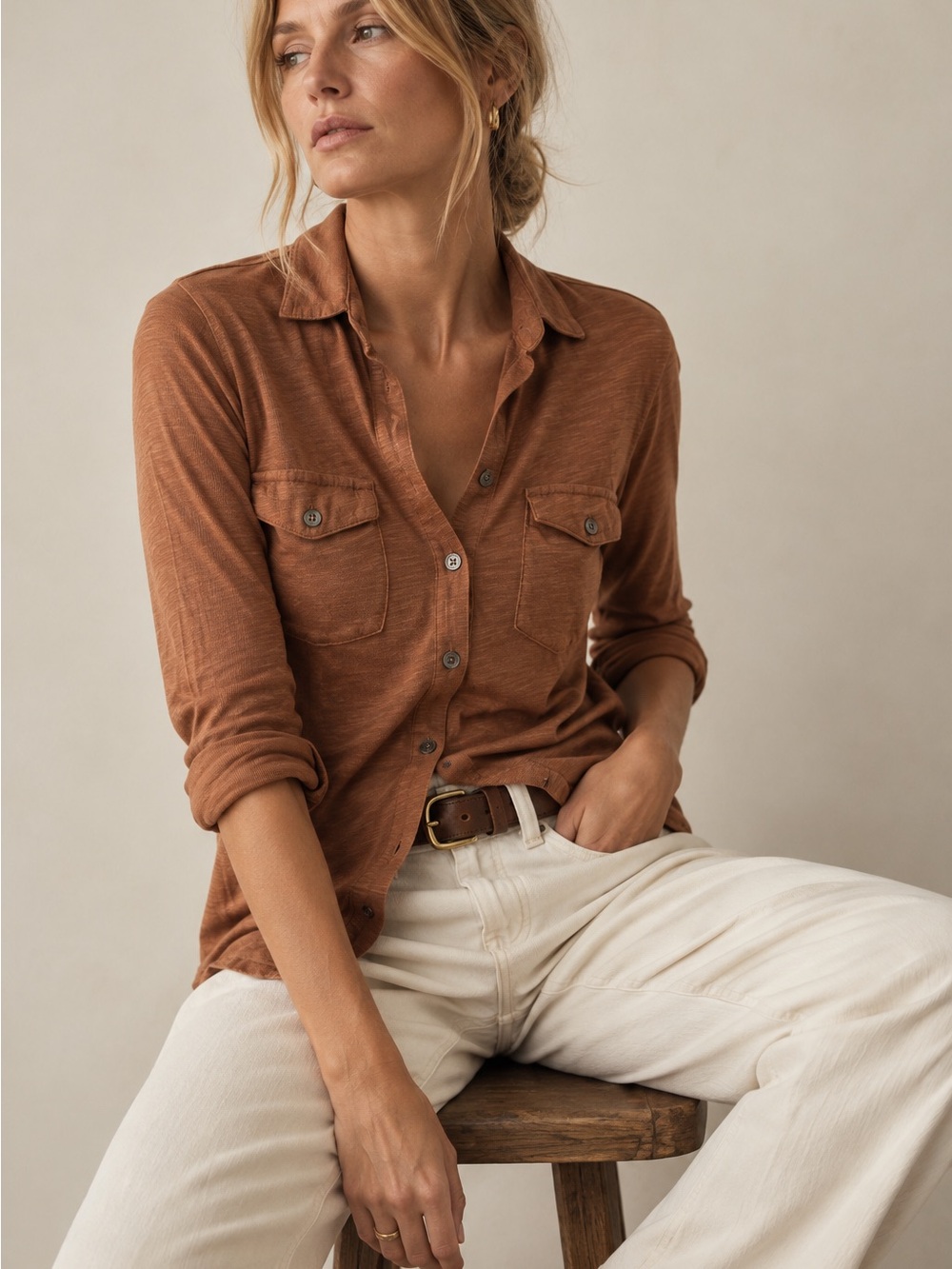 James Perse Rust Brown Lightweight Button-Down Shirt